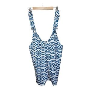 Bloomchic Shortalls Romper Size 14-16 Blue Ivory Ikat Print Scalloped Hem New